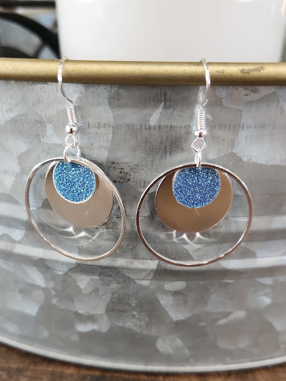 Silver Hoop Earrings with Blue Glitter Accent - Women's Jewelry